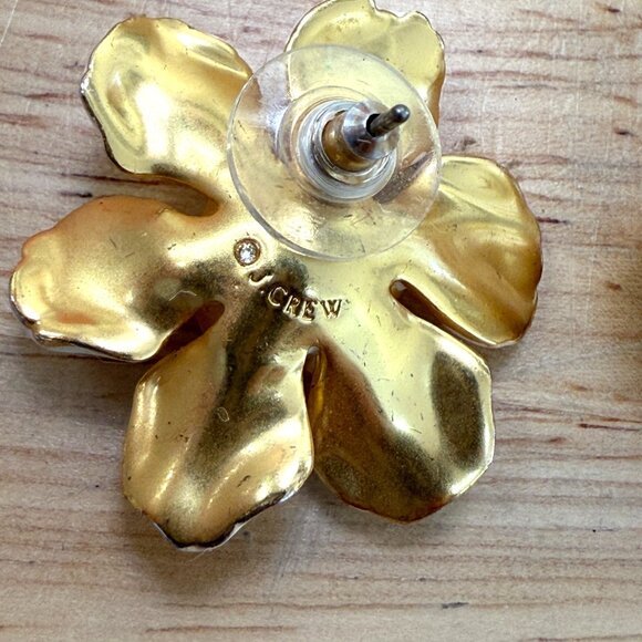 J.Crew Enamel Pansy Post Earrings White & Gold Flower Crystal Center - Picture 2 of 9